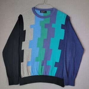 VTG St. Croix Sweater Men’s L Colorblock Knit USA Made Cotton Crewneck EUC